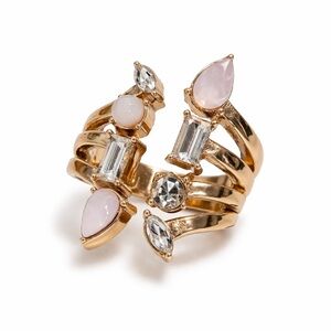 Gold Tone Multi Stone Wrap Ring Statement Adjustable Pink Clear Crystal